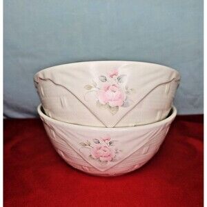 Cereal Bowls Serving Basket Weave Pfaltzgraff Tea Rose Pink Flowers 7.5"D Set